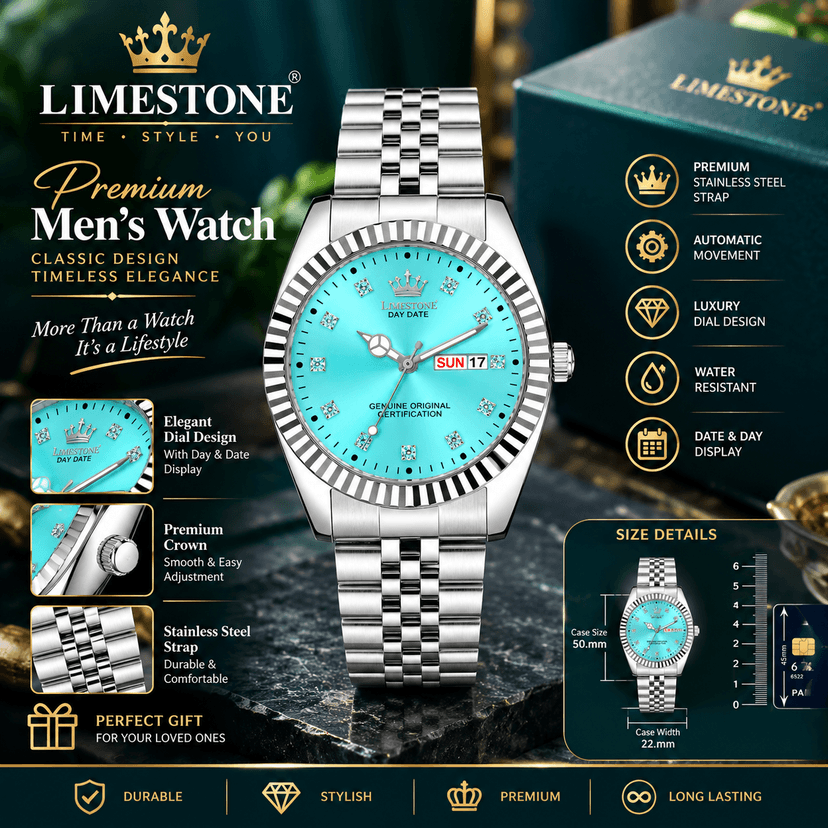LIMESTONE Premium Silver Men’s Watch – White Dial, Day & Date Display with Stainless Steel Strap - Image 1